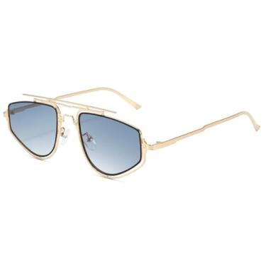 Imagem de HCHES Óculos de Sol Femininos de Luxo com Armação Fina e Poligonal Vazada, Degradê, Estilo Punk, Moda Masculina, Proteção UV400 (Dourado com Lentes Azuis Duplas)