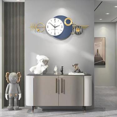 Imagem de Relógio de parede grande de metal branco azul para sala de estar, 3D sem tique-taque silencioso grande pendule relógios de parede decoração operado por bateria moderno redondo relógio de parede