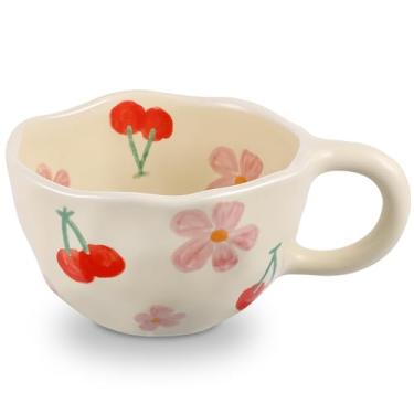 Imagem de NAYAHOSE Caneca de café de cerâmica, canecas de café criativas e fofas canecas de cerâmica com flores estéticas irregulares para mulheres com latte chá leite aveia xícara de café da manhã, 250 ml
