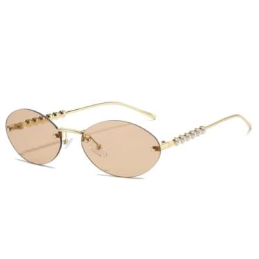 Imagem de HPIRME Óculos de luxo sem armação com lentes degradê femininas e masculinas com detalhes em pérola e proteção UV400 (champanhe dourado).