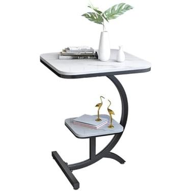 Imagem de Mesa lateral de sofá de mármore mesa de centro de metal preto dourado quadrado mesa de canto pequena mesa de mármore de camada dupla (cor: E) (D)