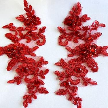 Imagem de Zbroh Remendos de tecido de renda fina bordados strass acabamento aplique decoração vestido decoração costura lantejoulas contas acessório um par (vermelho)