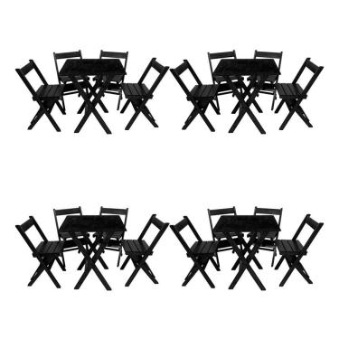 Imagem de Kit 4 Conjuntos Mesa Dobrável Para Bar E Restaurante 60x60cm Com 4 Cadeiras Em Madeira Maciça - Pret - Preto