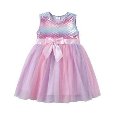 Imagem de Vestido Sem Mangas Para Meninas Com Estampa De Sereia, Laço De Tule, C