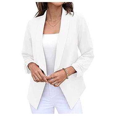Imagem de Blazer feminino com manga 3/4, jaqueta, cardigã aberto na frente, casual, para escritório, Branco, XXG