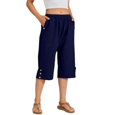 Imagem de Calça capri feminina casual de verão leve cintura elástica perna larga solta yoga cropped calça com bolsos, 2 - Azul-marinho, 3G