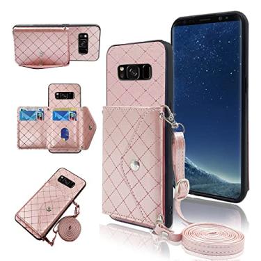 Imagem de Capa carteira compatível com Samsung Galaxy S8 com alça de ombro transversal e suporte de couro para cartão de crédito, acessórios para celular para Glaxay S 8 Gaxaly 8S Edge SM-G950U meninas rosa