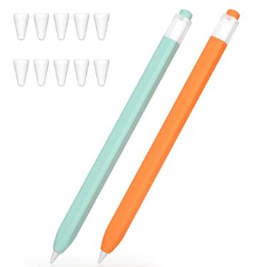 Imagem de JOOSKO Capa para Apple Pencil 1ª geração compatível com 2 unidades, design clássico, protetor de lápis de silicone macio e leve e capa com ponta de 10 lápis (azul claro, laranja)