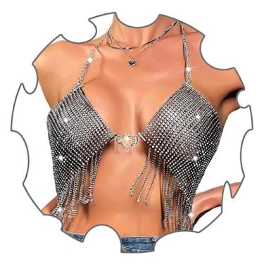Imagem de Uranian Corrente corporal sexy com strass, top cropped de malha, frente única, biquíni, festa, praia, joia corporal para mulheres e meninas, free size, Náilon, Strass
