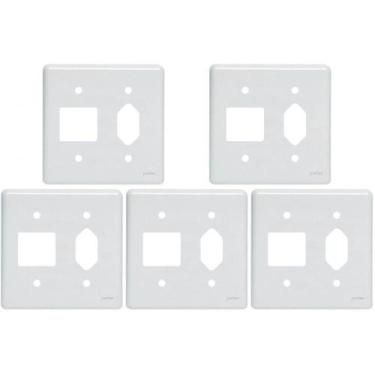 Imagem de Kit C/5 - Placa Perlex Branca 4X4 (2 Saida+Tomada) 23Pl2/1T, Branco