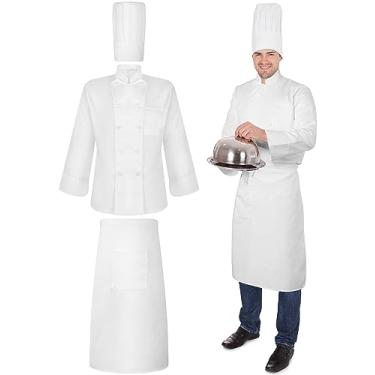 Imagem de Hillban Conjunto de 3 peças de avental de chef unissex para fantasia de chef, avental de bistrô, jaqueta de chef, avental de chef, avental de chef para homens, Branco, XXG