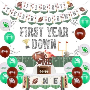 Imagem de JOYMEMO Football 1st Birthday Party Decorations for Boys - First Year Down Football Banner Backdrop, Football First Birthday High Chair Banner Cake Topper, Sports Theme Birthday Party Supplies