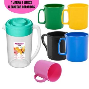 Imagem de Jogo Jarra De Suco 2 Litros Com 5 Canecas 450ml Plastico Cores Sortido