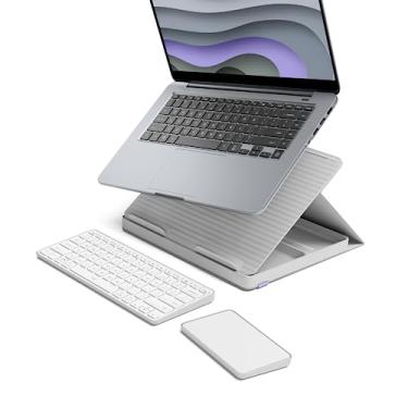 Imagem de Logitech Casa Kit de mesa pop-up – Suporte de laptop ajustável para mesa, teclado sem fio e touchpad, Bluetooth, carregamento USB C, Nordic Calm, bronzeado/roxo