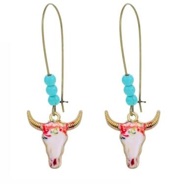 Imagem de coadipress Brincos femininos com pingente de cabeça de gado boêmio colorido esmaltado animal touro vaca rebanho flores brincos criativos de cabeça de vaca ocidental brincos bonitos étnicos vintage