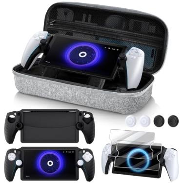 Imagem de Kinwin Pacote de acessórios 10 em 1 compatível com PlayStation Portal, estojo de transporte de EVA cinza com capa protetora de silicone, pacote com 2 protetores de tela e 4 alças de polegar para