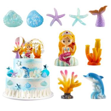 Imagem de BlingABC Mermaid Cake Topper 9Pack,Mini Mermaid Tail Seashell Coral Starfish Dolphin Figures for Girl Under the Sea Mermaid Princess Theme Birthday Baby Shower Party Cake Decoration