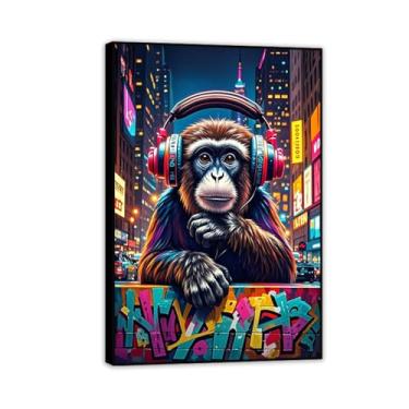 Imagem de Arte de parede de macaco grande Street Graffiti Canvas Wall Decor Dj Thinking Monkey Colorful Picture Framed Art Prints Banksy Poster Decoração de quarto para homens 45x30cm (45.7x30.5 cm) Preto
