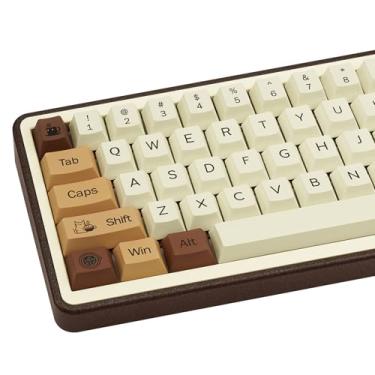 Imagem de COOMICKEY Teclas PBT marrons, teclas fofas Coffee Cat, teclas de perfil cereja 60 65 75 100 por cento, sublimação de tinta personalizada 130 teclas para teclados 100%, 75%, 65%, 60% Cherry Gateron MX