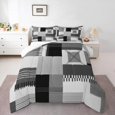 Imagem de Feelyou Conjunto de edredom geométrico preto e cinza, tamanho casal, geométrico, listrado, feminino, masculino, ultramacio, decoração de quarto para todas as estações, respirável e leve