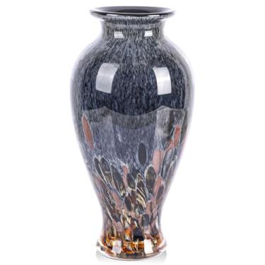 Imagem de Vaso de vidro azul âmbar de 30 cm de altura, lindo vaso de vidro soprado à mão, arte moderna, vasos coloridos de boca larga para mesa de jantar, centro de mesa, entrada e decoração de casamento