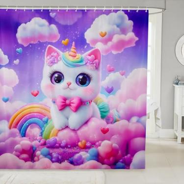 Imagem de Manfei Kawaii, cortina de banheiro de conto de fadas para meninas, crianças, para crianças, meninos, aquarela, arco-íris, nuvens, tecido à prova d'água com ganchos para barracas, 182 cm L x 182 cm C