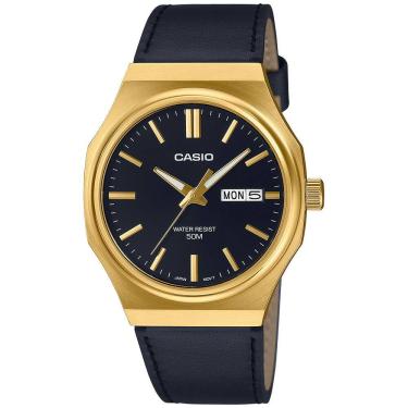 Imagem de Relógio CASIO masculino dourado couro preto MTP-E735GL-1AVDF