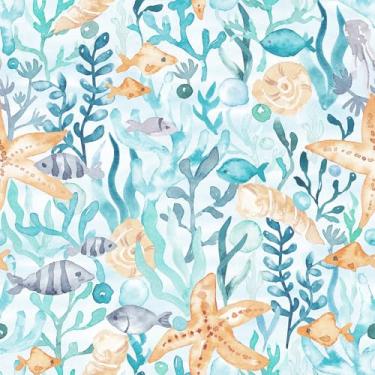 Imagem de VaryStyle Papel de parede azul oceano aquarela azul-petróleo laranja coral/concha/peixe debaixo do mar papel de parede autoadesivo impermeável papel de contato pegajoso para gavetas quarto de crianças