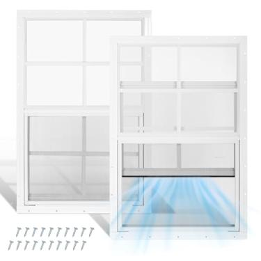 Imagem de Fancat Pacote com 2 janelas de galinheiro 45.7 cm x 68.6 cm com vidro temperado e tela de fibra de vidro, janela pequena para galinheiro, teatro, casa, garagem, celeiros (branco)