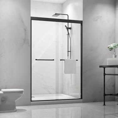 Imagem de Porta de chuveiro deslizante dupla com moldura de alumínio de níquel escovado com vidro temperado à prova de explosão de 6 mm (preto, 48 x 72)