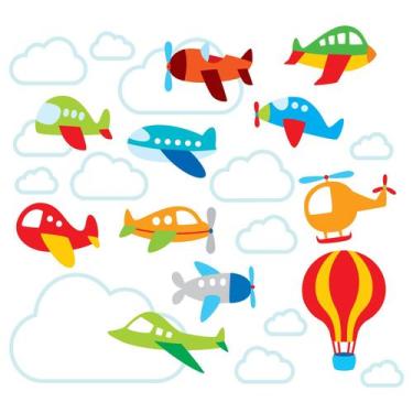 Imagem de Adesivo de Parede para Quarto de Bebê Aviões e Nuvens - Quartinhos