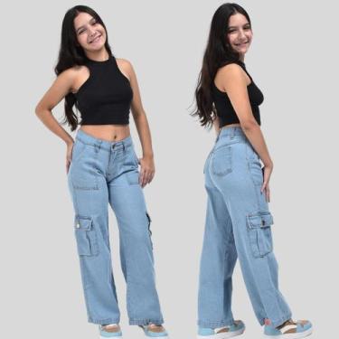Imagem de Calça Jeans Cargo Feminina Juvenil Jeans - RJIMPORTS, Jeans claro, 10
