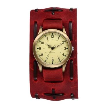 Imagem de OIDEA Relógio masculino vintage de couro punk: relógio de pulso retrô steampunk hip-hop com pulseira analógica de quartzo, Vermelho
