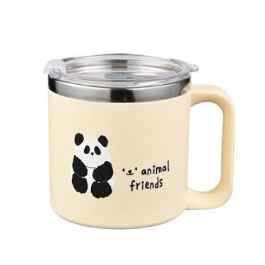 Imagem de Caneca de café de aço inoxidável isolada Cute Animal Friends, branco creme com design de panda, tampa selada a vácuo, compatível com canudo (bege)