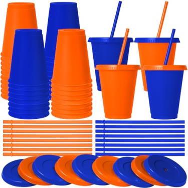 Imagem de Skylety 16 peças de copos de plástico com tampas e canudos 473 ml copos de plástico copo reutilizável garrafa de água suprimentos para festas de fim de ano presente para beber café cacau (laranja