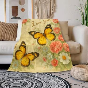 Imagem de Cobertor de borboleta Love You estilo pastoral quente – Cobertor de lã floral macio com borboletas monarca amarelas e rosas – Presente aconchegante para mãe, filha, esposa, amiga (99,8 x 129,8 cm)