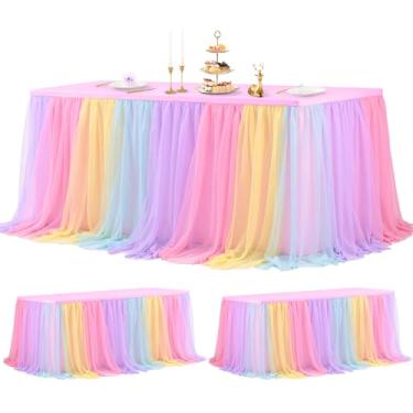 Imagem de Pacote com 2 toalhas de mesa arco-íris com saia de tule para mesas retangulares de 1,8 m, saia de mesa tutu com babados para festas, capas elásticas para recepção de casamento, aniversário, chá de