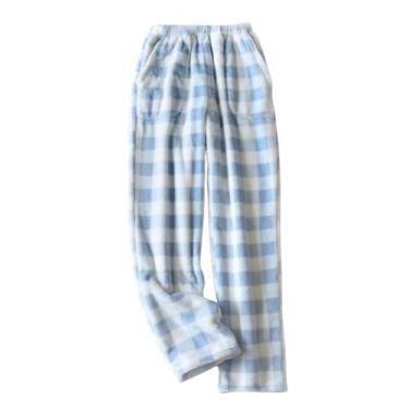 Imagem de Calças de pijama codcm femininas xadrez fofas, de lã, azul de inverno