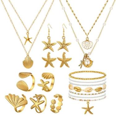 Imagem de Conjunto de joias Tondiamo Seashell Starfish Gold White 16 unidades