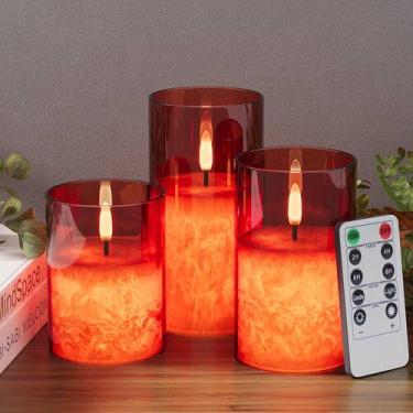 Imagem de Velas sem chama VIODAIM Ice Crystal Real Wax Glass Red, pacote com 3 u