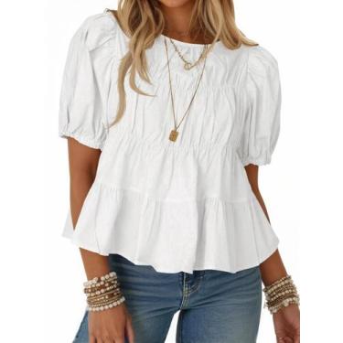 Imagem de Blusa feminina Tankaneo de manga bufante de algodão peplum branca