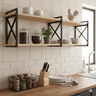 Imagem de Prateleira Estilo Industrial 120cm x 20cm de Parede para Sala, Quarto, Cozinha, Escritório - Bimove (Amêndoa/Preto)