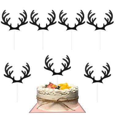Imagem de Saktopdeco 20 peças de topo de bolo preto grande chifre de veado com glitter DIY papel de rena de Natal topos de bolo escolhas para decoração de festa temática suprimentos