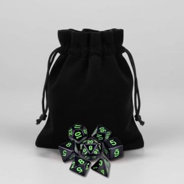 Imagem de Kit 7 Dados Rpg de Mesa Cthulhu Preto com Números em Verde D4 D6 D8 D10 D10% D12 D20 Dark Black Boardgame