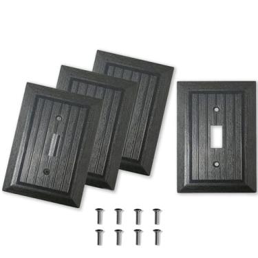 Imagem de Placas de parede pretas capas de placa de interruptor de grão de madeira, pacote com 4 capas decorativas de interruptor de 1 gangue, placa de parede estilo texturizado vintage, tamanho padrão 8 cm x