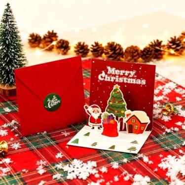 Imagem de Cartões de Natal pop-up 3D com envelopes adesivos presentes de Natal para amiga, filha, filho, cartões de felicitações de Natal, Papai Noel, pinguim, boneco de neve, cartão de felicitações de férias