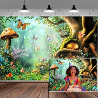 Imagem de Pano de fundo de floresta encantada de 3,5 x 2,3 m, conto de fadas, país das maravilhas casa cogumelo, cenário fotográfico, jardim mágico, floresta para crianças, meninas, chá de bebê, decoração de