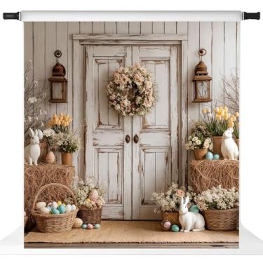 Imagem de Kate Pano de fundo para fotografia de páscoa com foto de porta de madeira, ovos coloridos, palheiro, artigos festivos para festas, adereços, 3 x 3 m