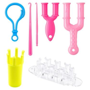 Imagem de Kit de tear de artesanato infantil de 7 peças - tear de estilingue, ganchos e chaveiros para fazer pulseiras divertidas com elásticos e conectores de joias para meninas e meninos brincadeiras