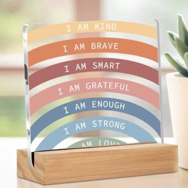 Imagem de Placa acrílica inspiradora arco-íris, afirmações positivas motivacionais placa decorativa de mesa transparente com suporte, saúde mental quarto berçário terapeuta escritório casa mesa decoração